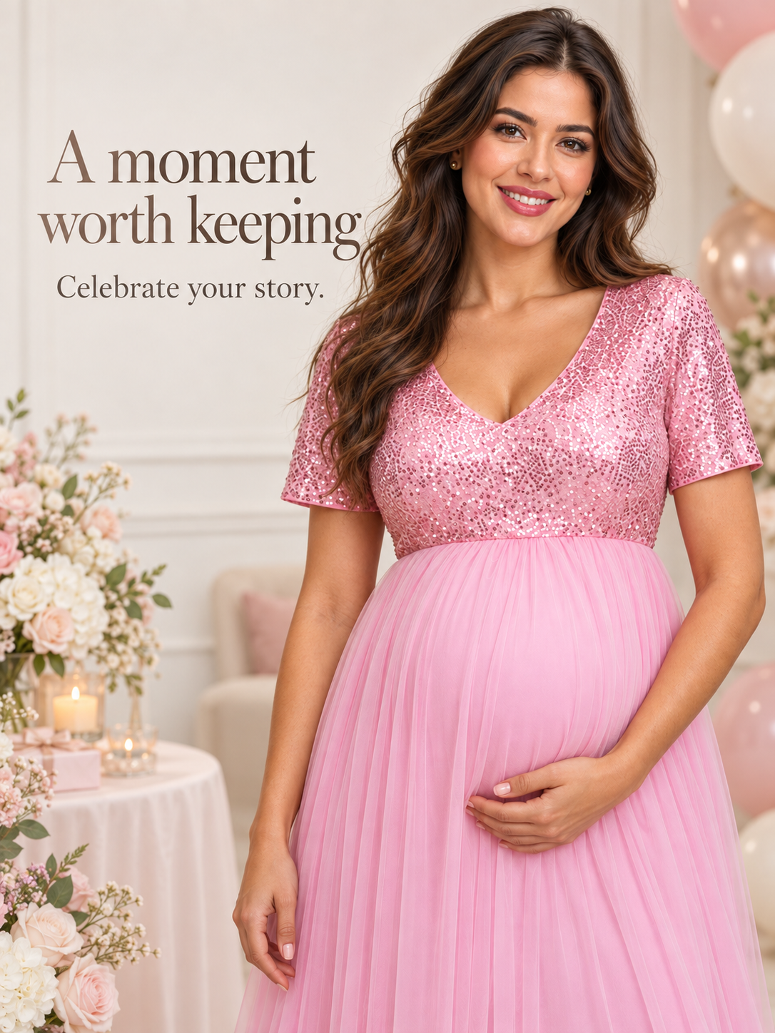 Celestine Pink maternity dress — portrait with hands on the bump among flowers
