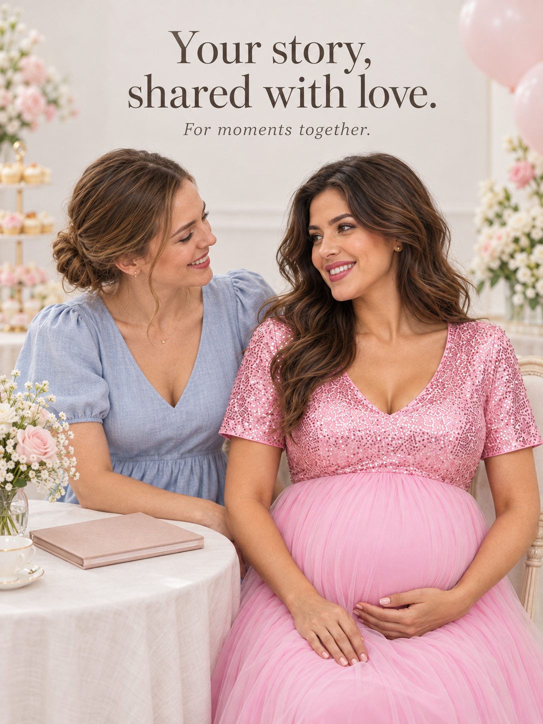 Celestine Pink maternity dress — seated with a friend at a celebration table