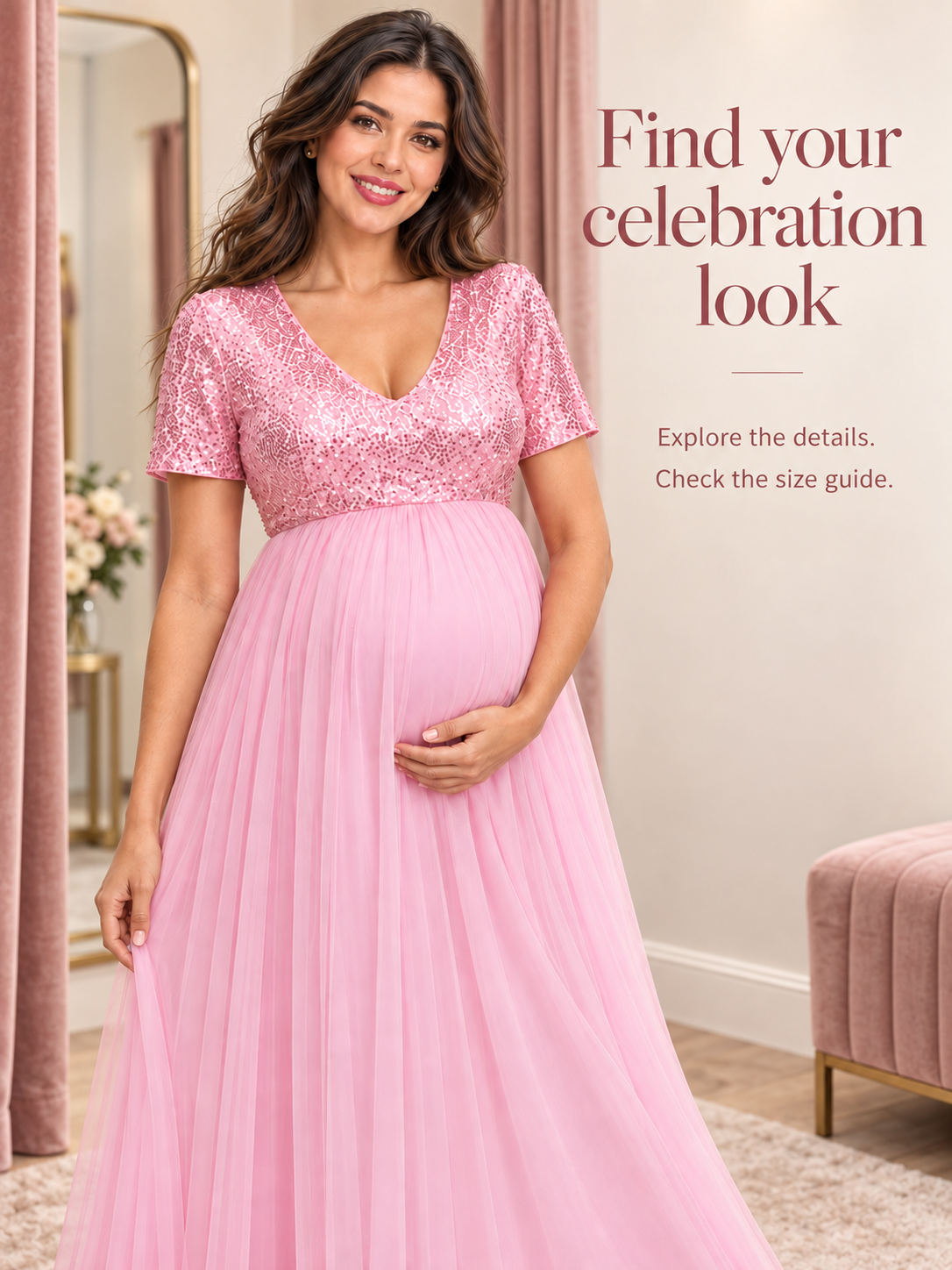 Celestine Pink maternity dress — standing portrait showing the full tulle skirt