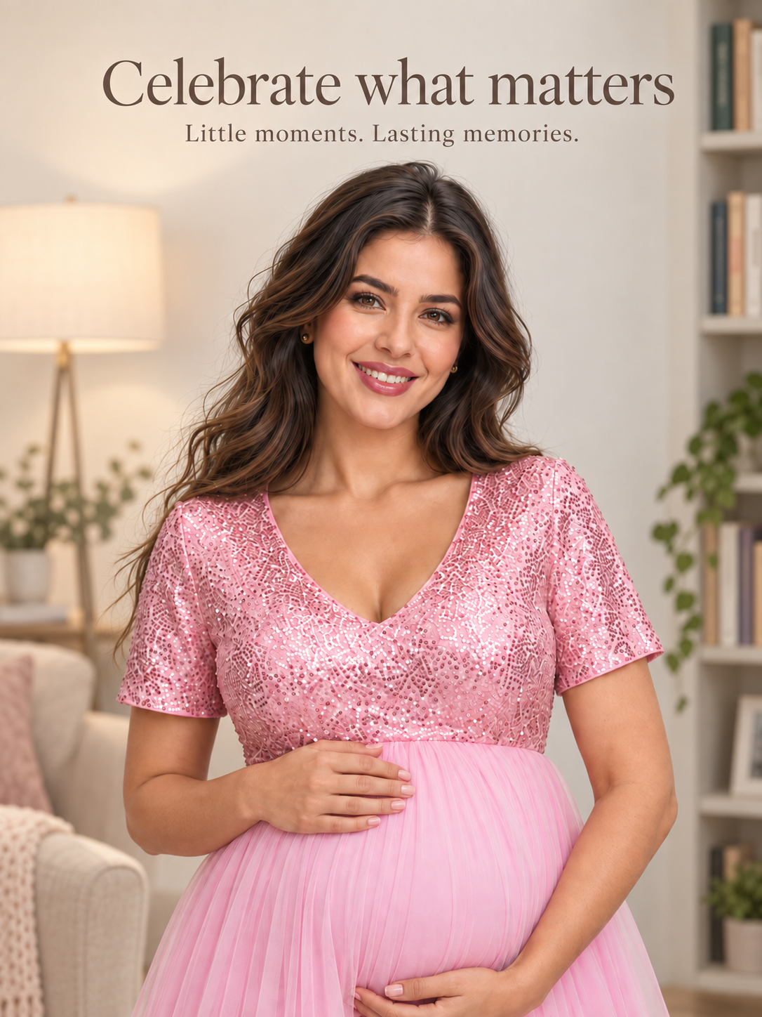Celestine Pink maternity dress — smiling portrait with hands on the bump