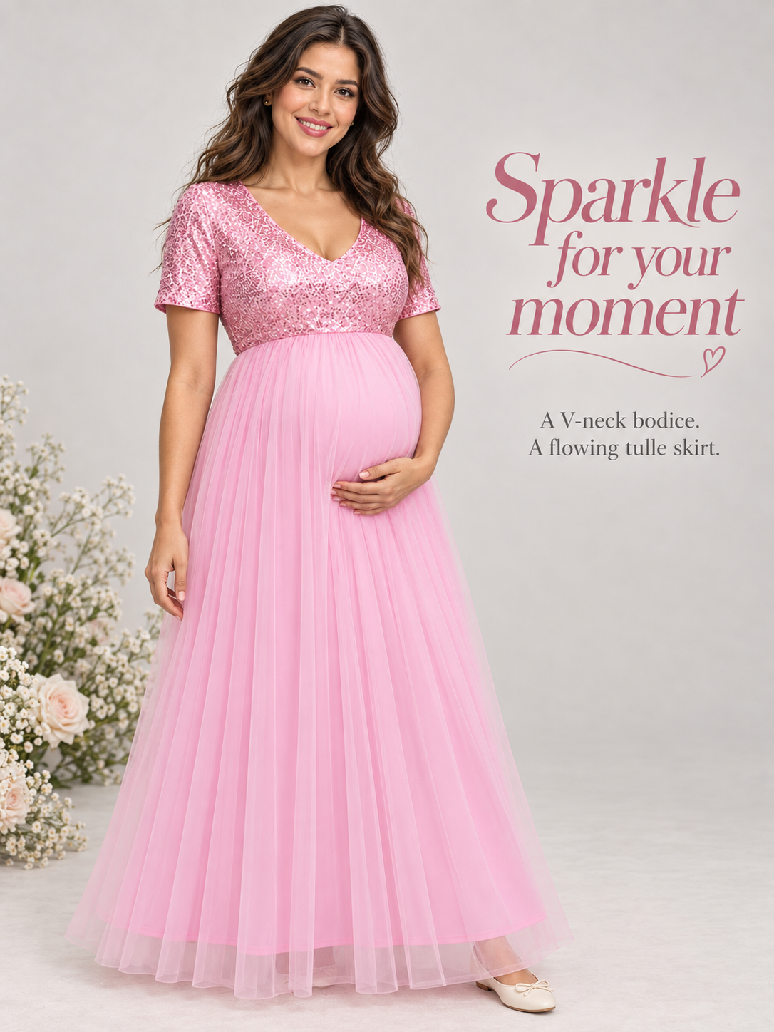 Celestine Pink maternity dress — full-length view of the sequin bodice and tulle skirt