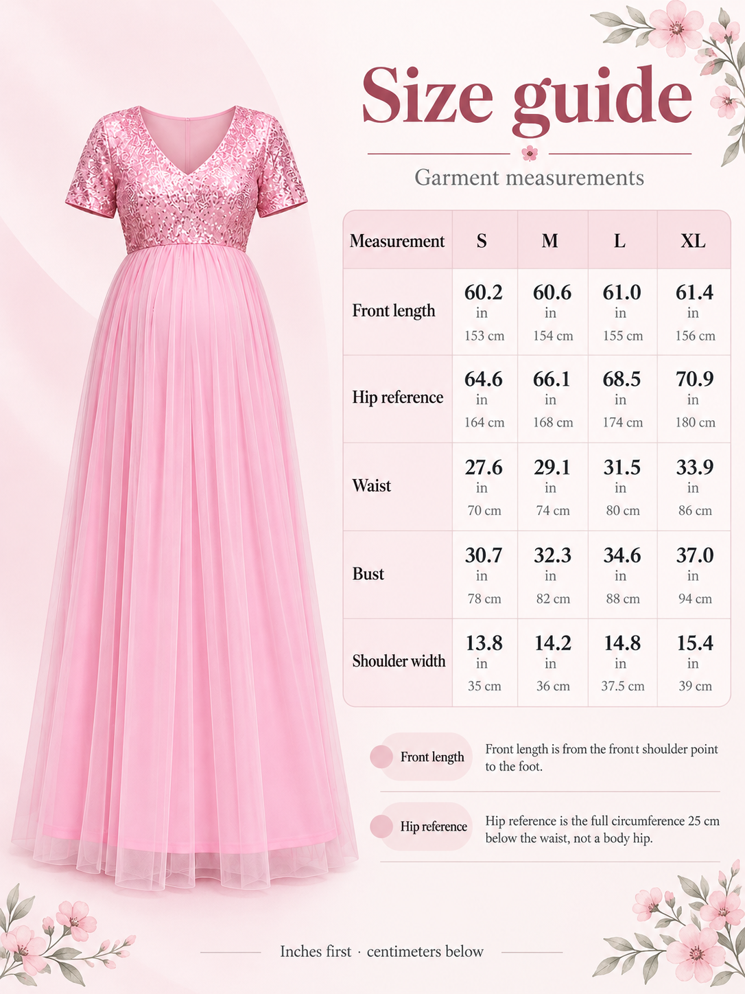 Celestine Pink maternity dress — size guide with S to XL garment measurements in inches and centimeters