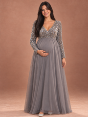 Theodora Silver Gray maternity dress — front view with V-neckline, sequin sleeves and tulle maxi skirt
