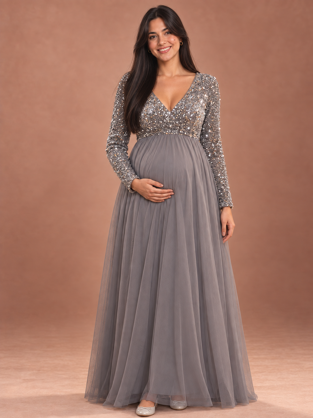 Theodora Silver Gray maternity dress — front view with V-neckline, sequin sleeves and tulle maxi skirt