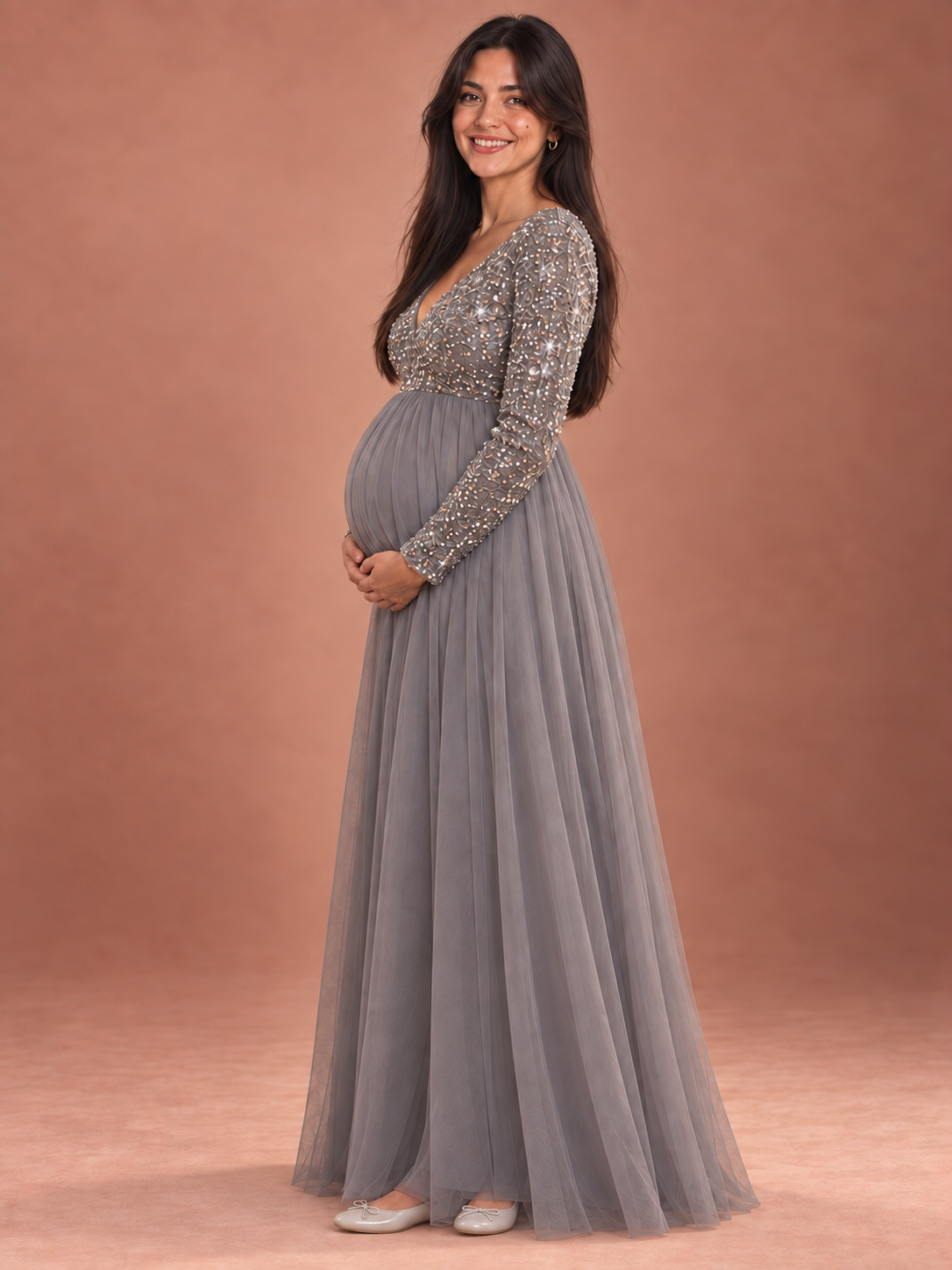 Theodora Silver Gray maternity dress — side view of the high waist and maternity silhouette