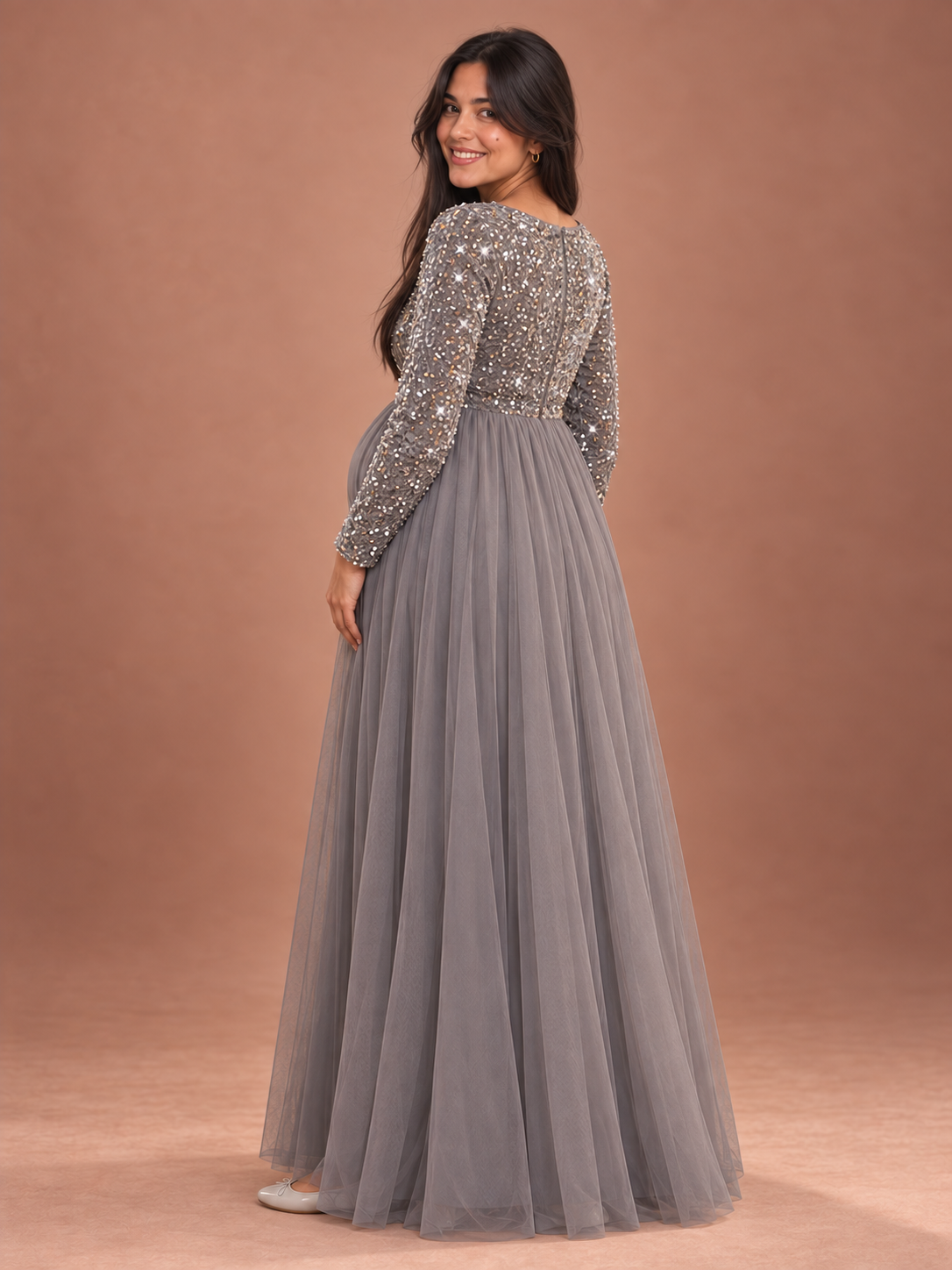 Theodora Silver Gray maternity dress — back view of the sequin bodice and long tulle skirt
