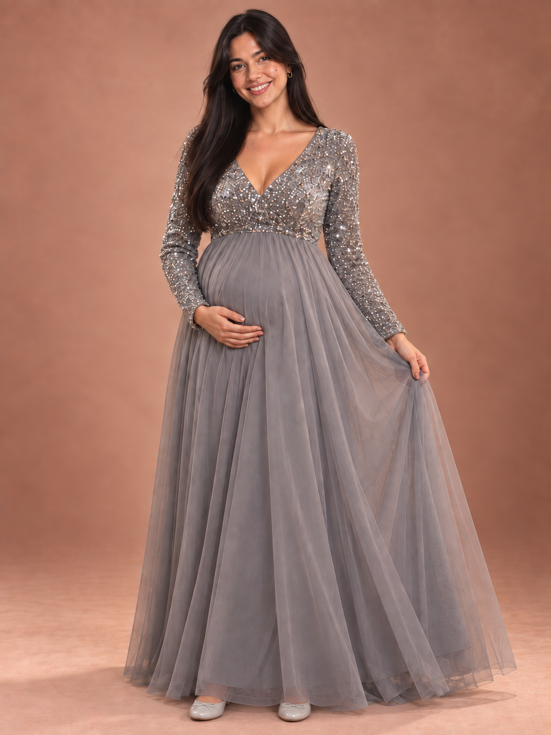 Theodora Silver Gray maternity dress — tulle skirt held out to show its soft fullness