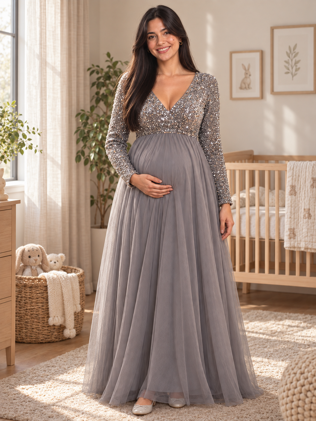 Theodora Silver Gray maternity dress — maternity portrait in a sunlit nursery