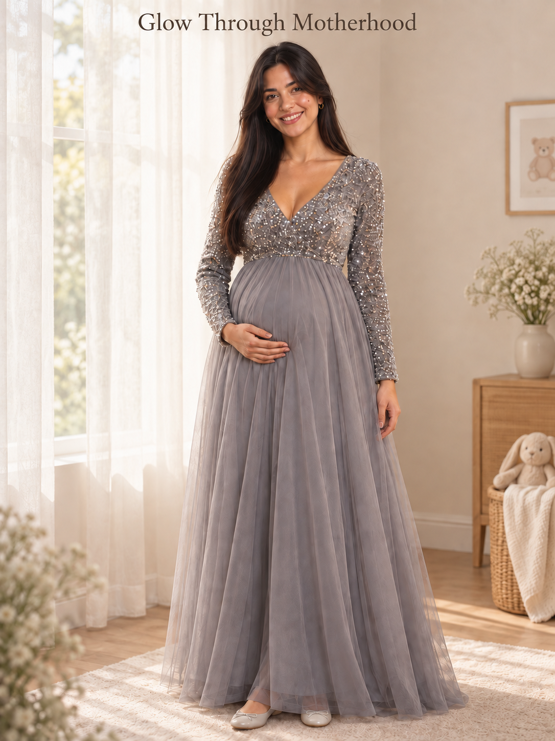 Theodora Silver Gray maternity dress — sequin bodice and tulle skirt in soft window light