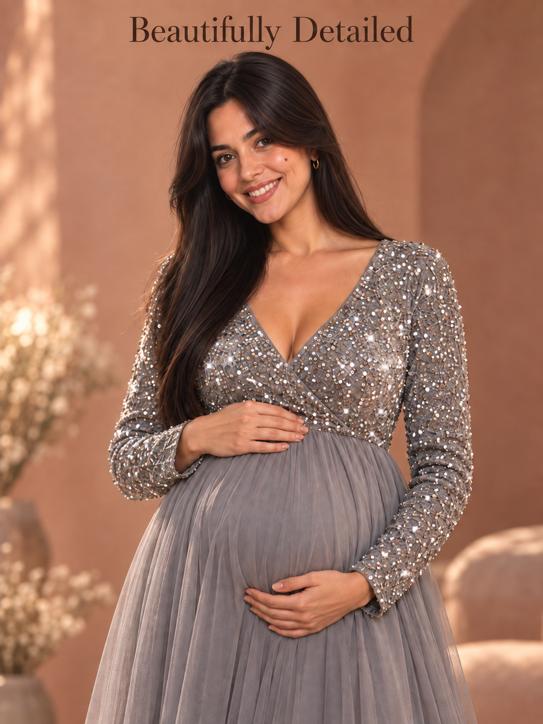 Theodora Silver Gray maternity dress — close-up of the sparkling sequin bodice