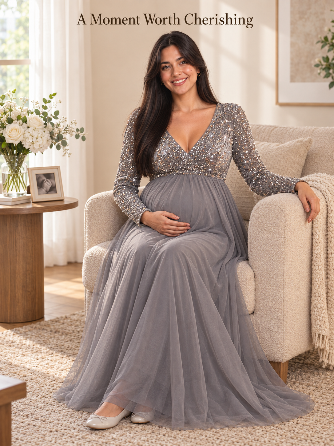 Theodora Silver Gray maternity dress — seated in a cream armchair for a keepsake portrait
