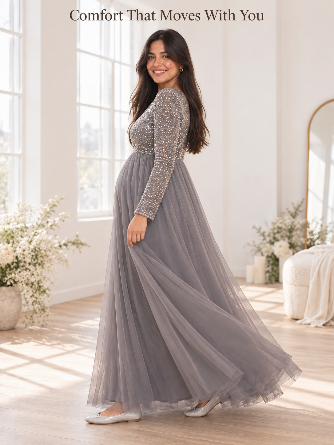 Theodora Silver Gray maternity dress — walking past the window in the tulle skirt