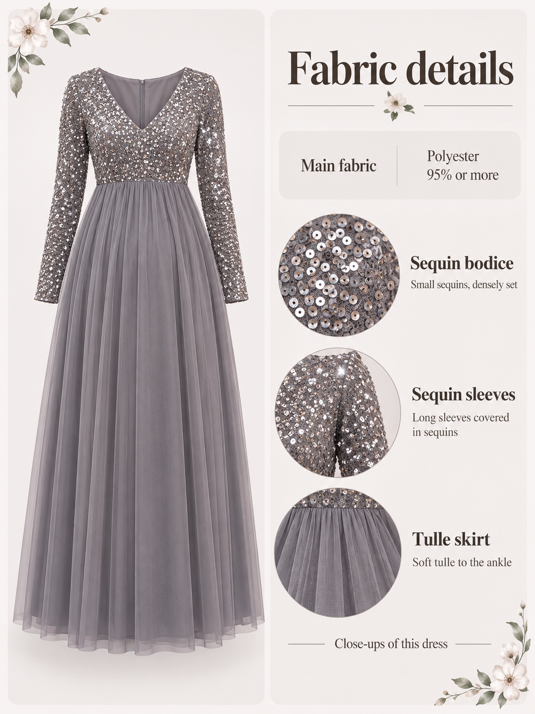 Theodora Silver Gray maternity dress — material guide showing the sequin bodice, sequin sleeves and tulle skirt