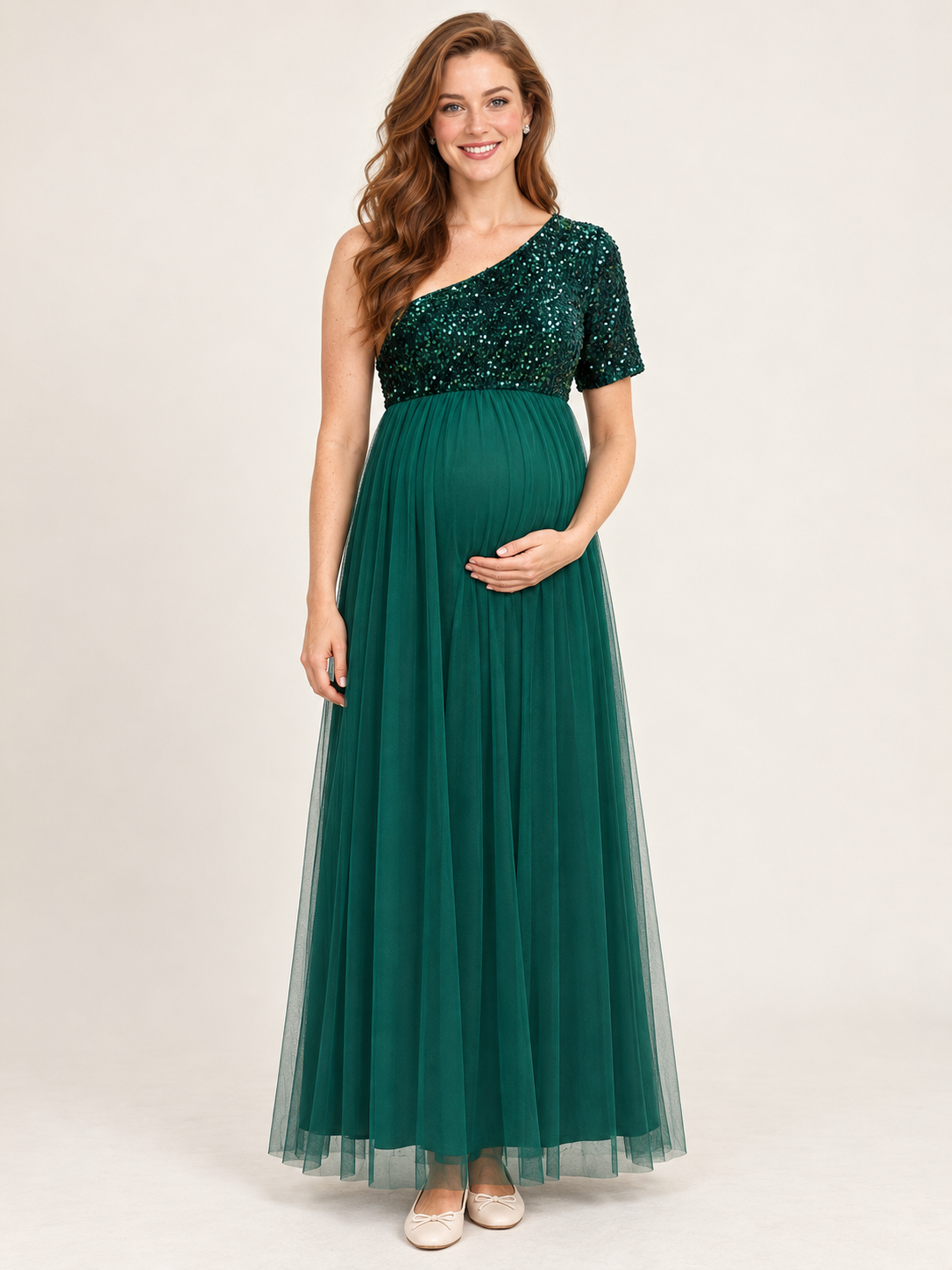 Rosalie Dark Green maternity dress — front view with one-shoulder sequin bodice and tulle maxi skirt