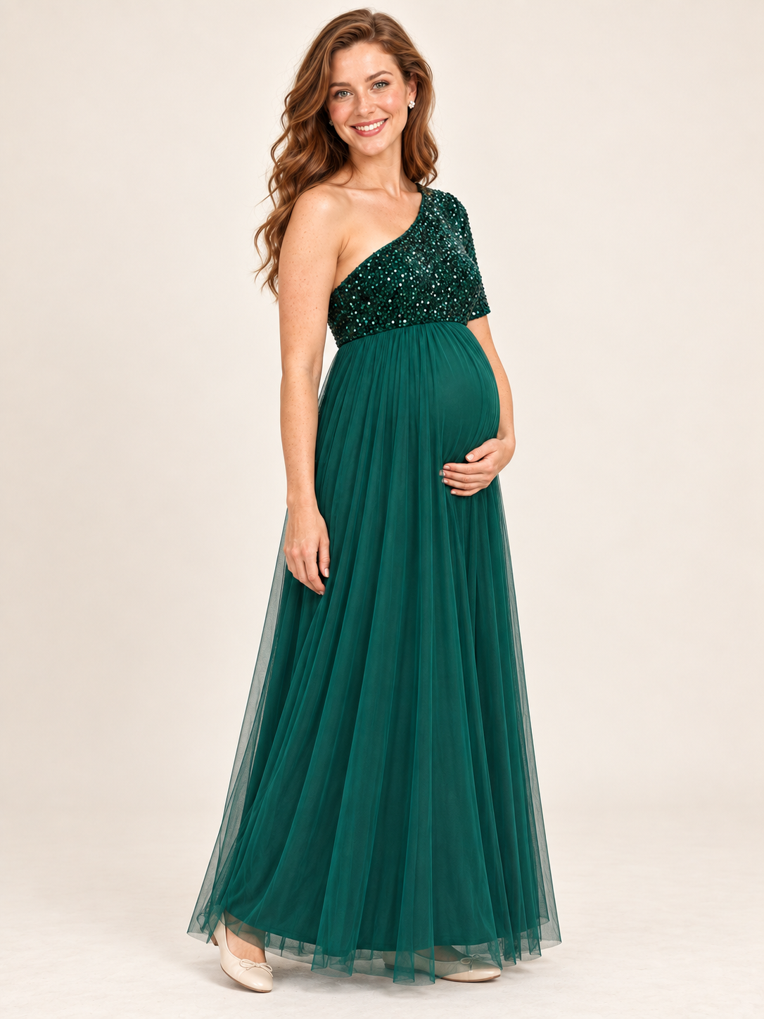 Rosalie Dark Green maternity dress — side view of the high waist and maternity silhouette