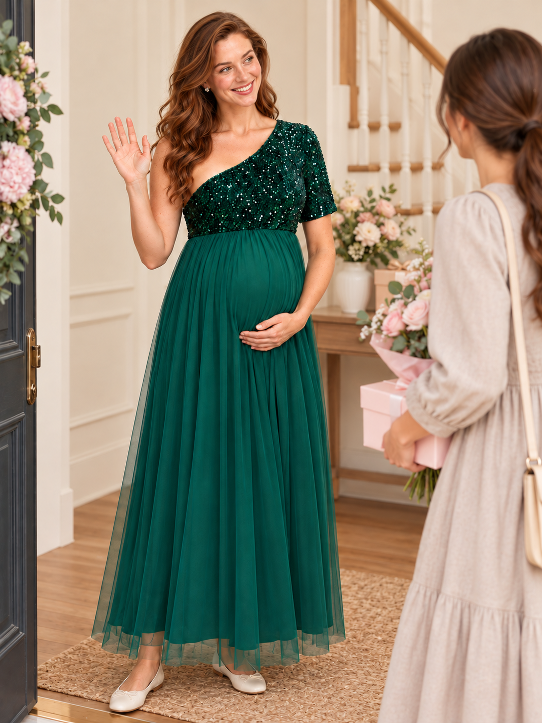 Rosalie Dark Green maternity dress — waving hello to a guest at the door