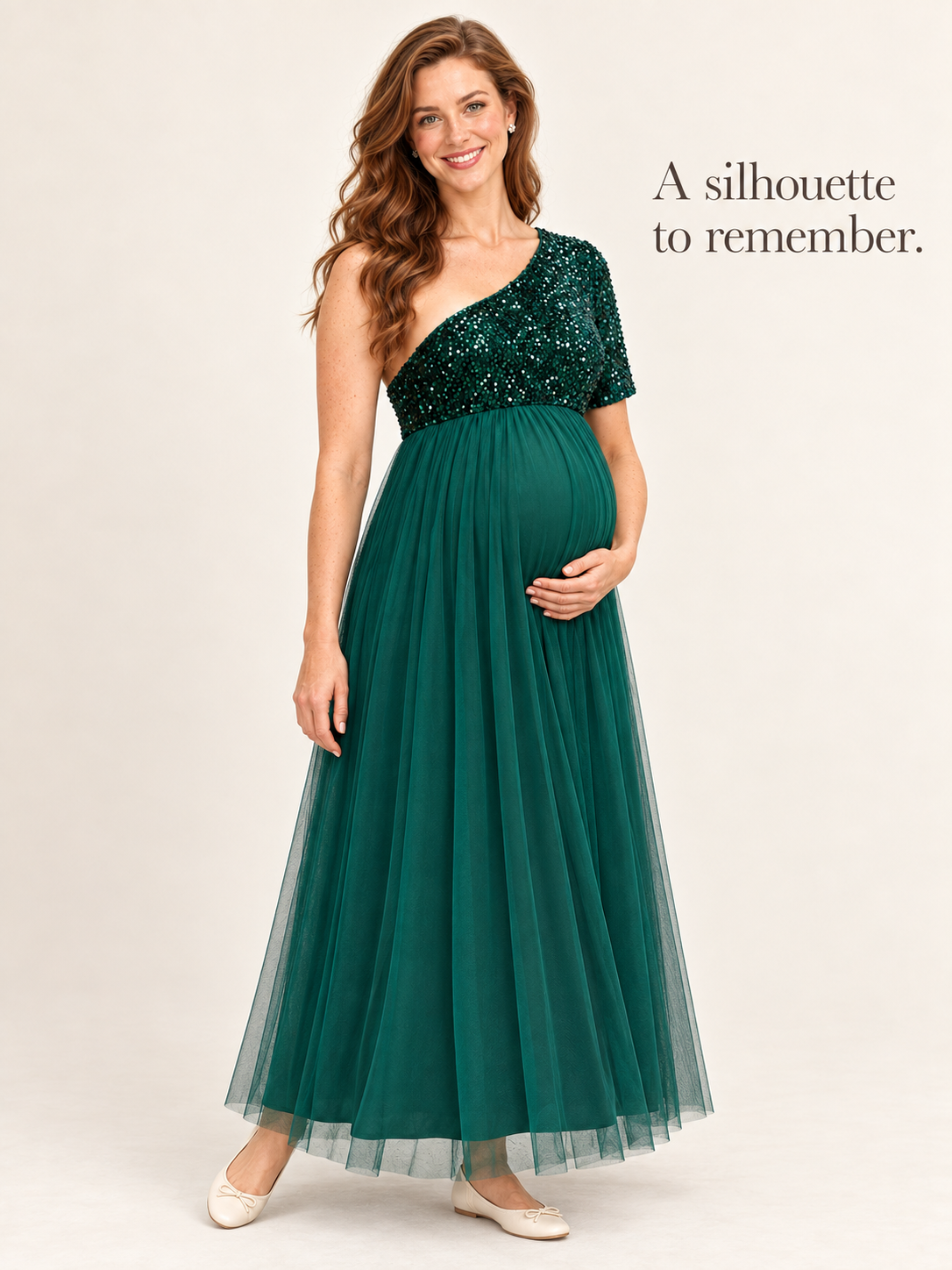 Rosalie Dark Green maternity dress — full silhouette in a soft studio portrait