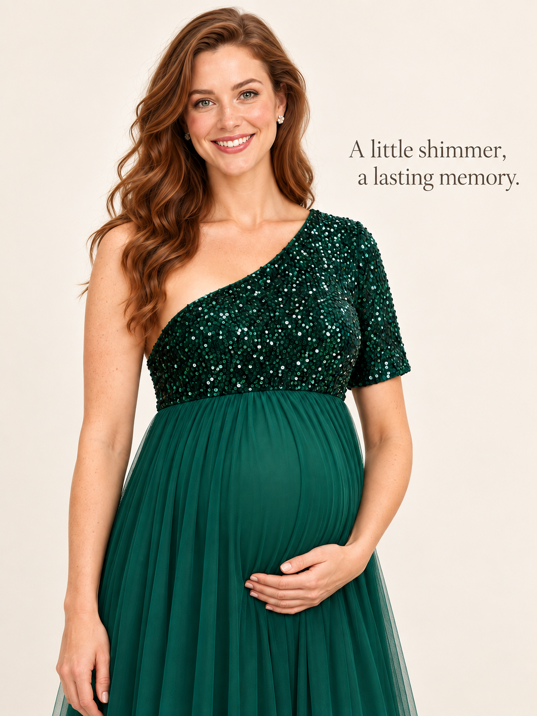 Rosalie Dark Green maternity dress — sequin bodice shimmering in soft light