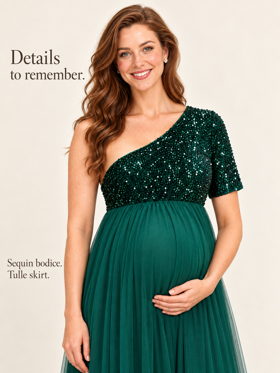 Rosalie Dark Green maternity dress — close-up of the sequin bodice and tulle skirt