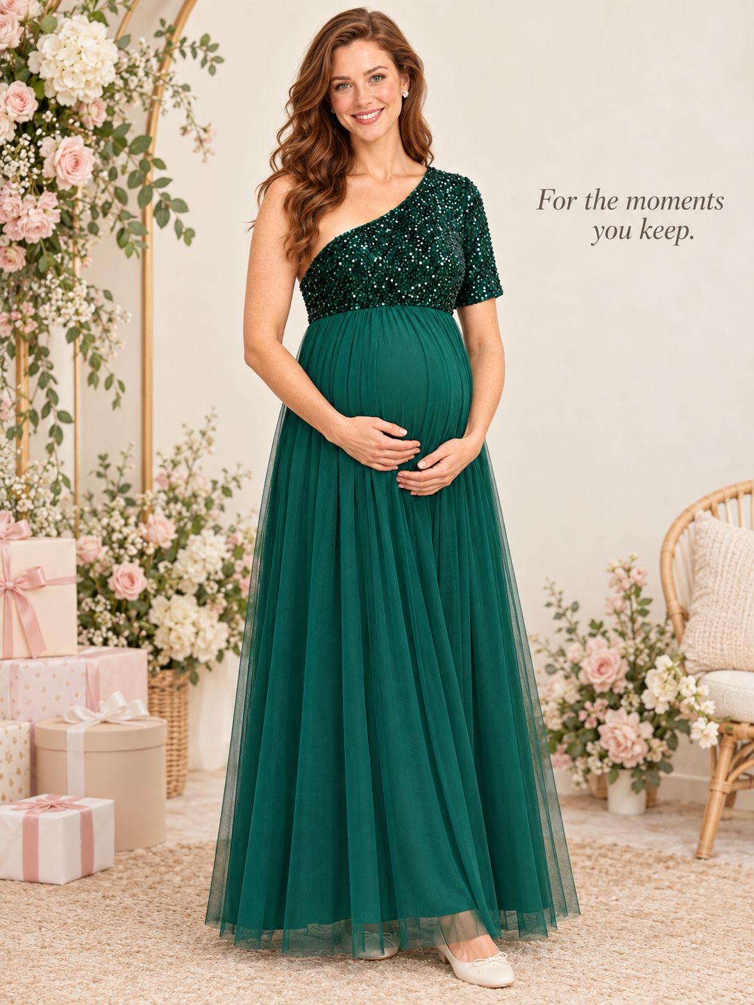 Rosalie Dark Green maternity dress — baby shower setting with gifts and flowers