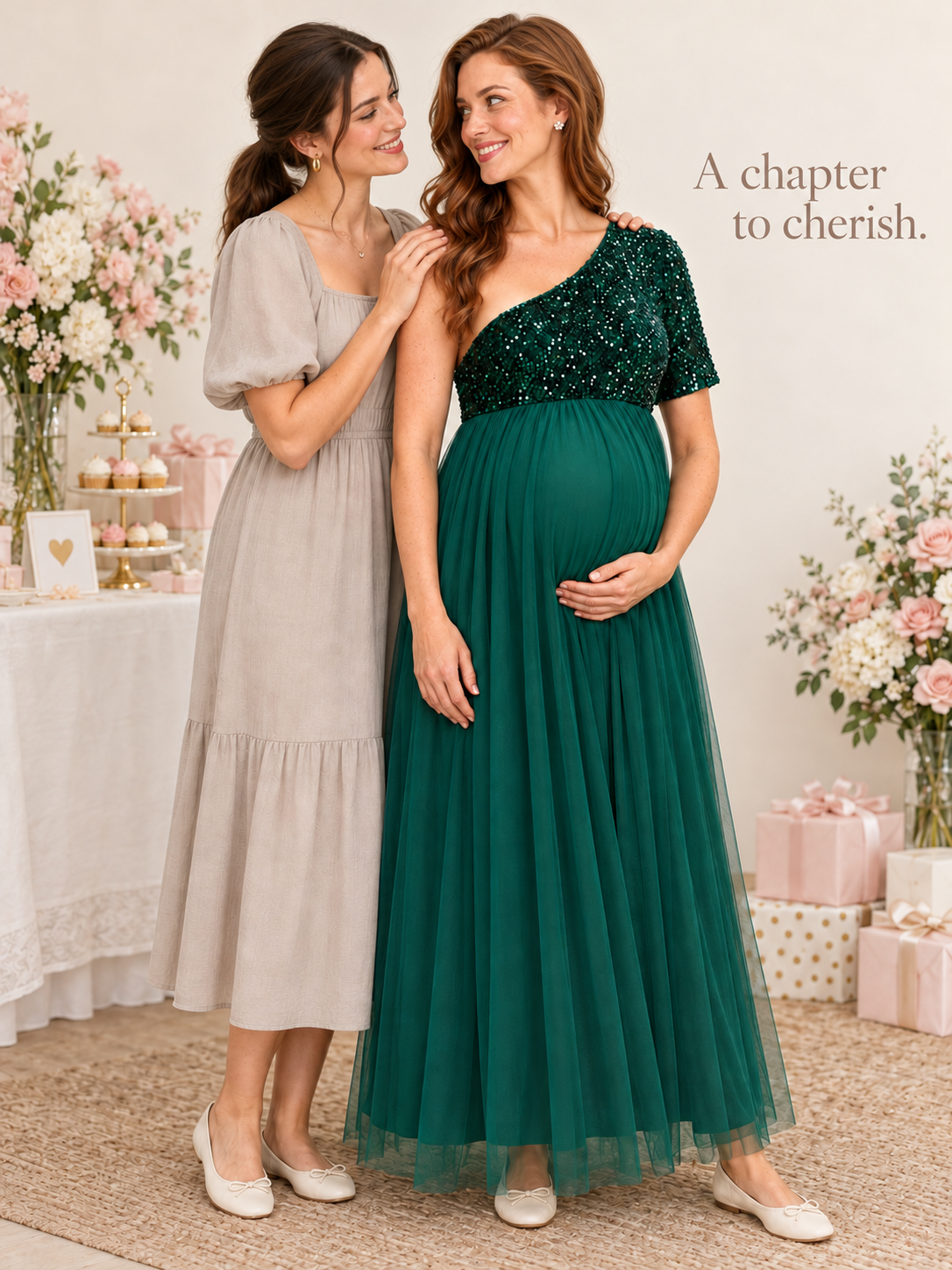 Rosalie Dark Green maternity dress — sharing a moment with a close friend