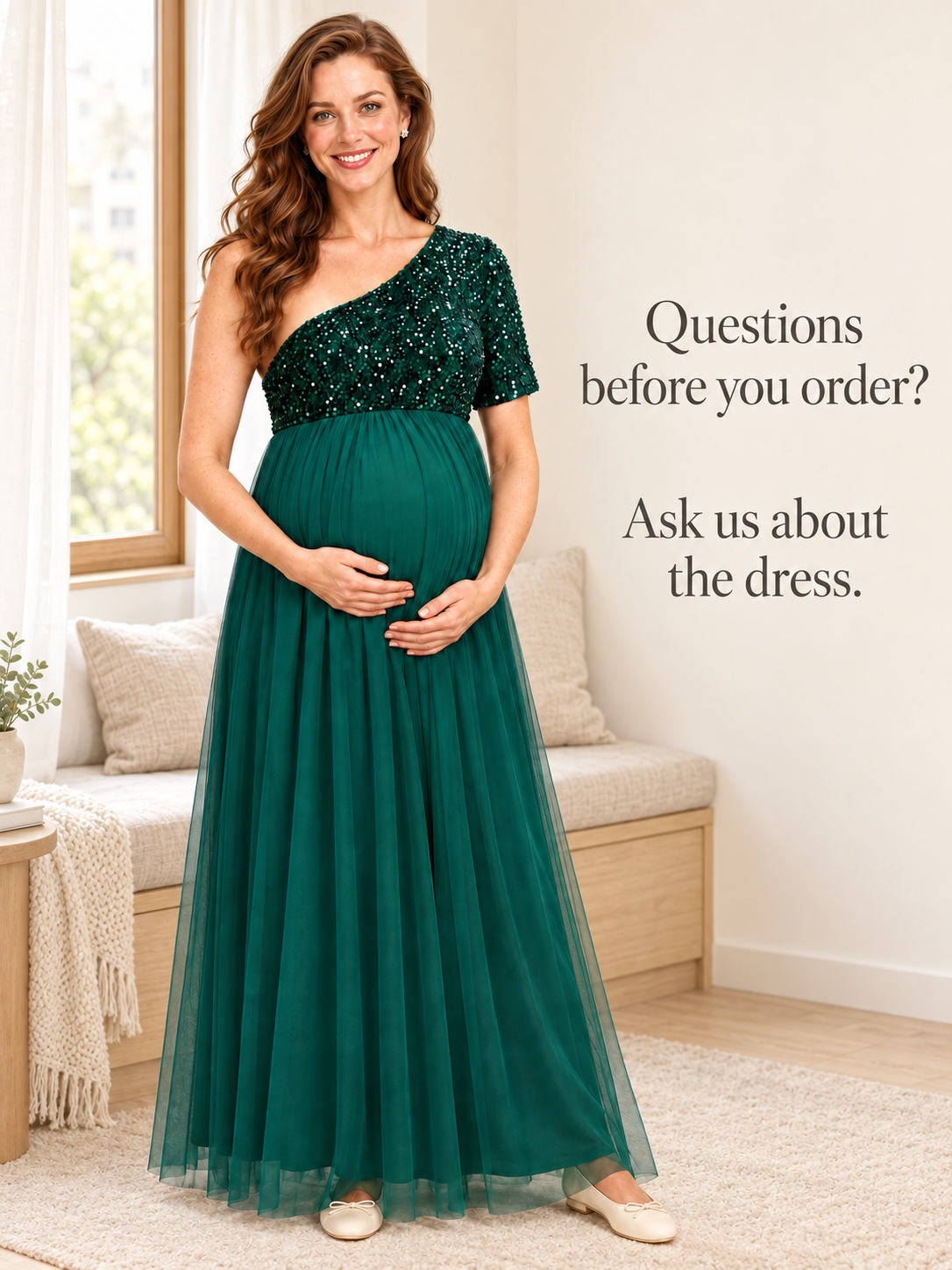 Rosalie Dark Green maternity dress — standing in a sunlit living room