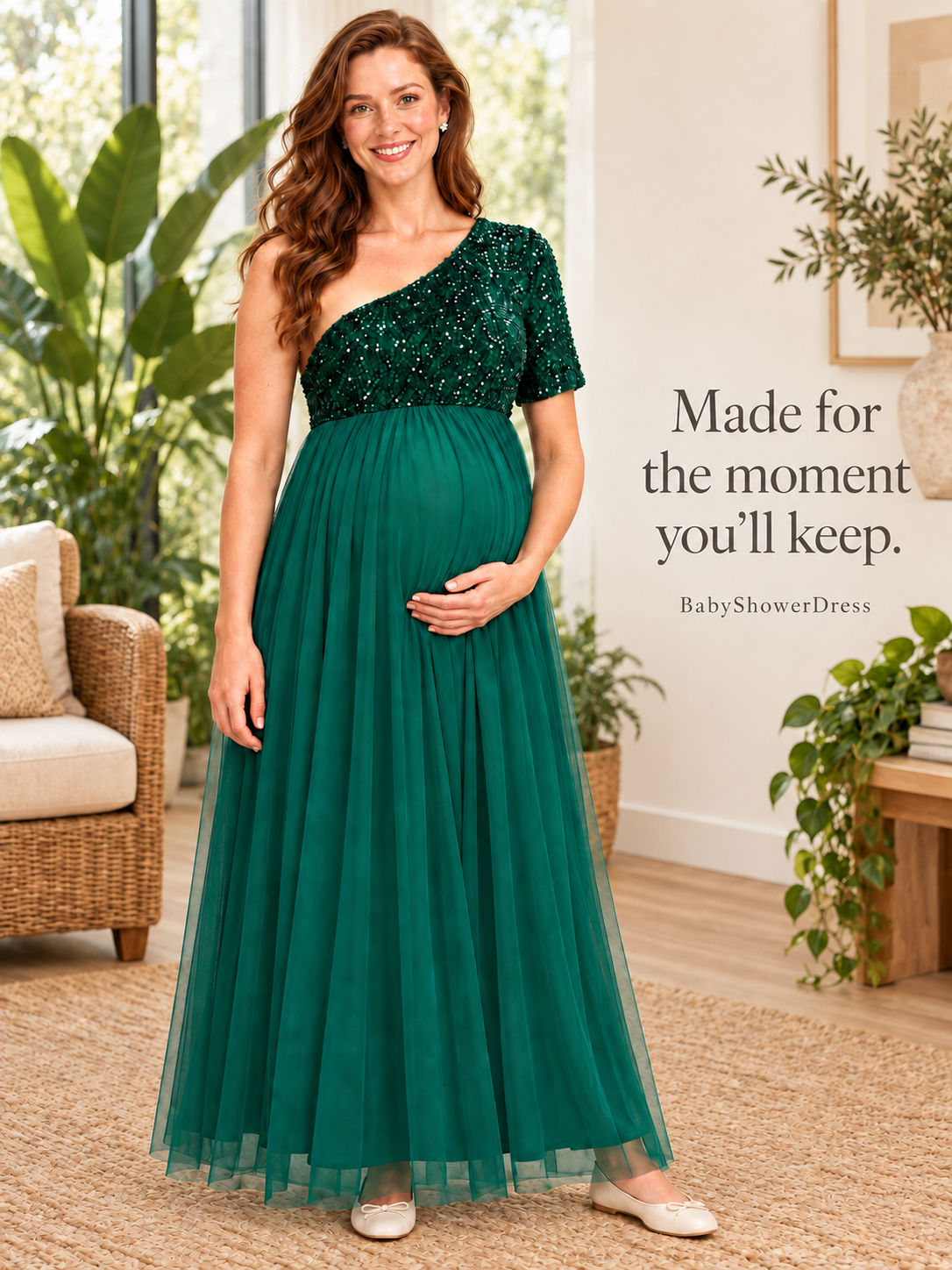 Rosalie Dark Green maternity dress — portrait beside potted plants and a wicker chair