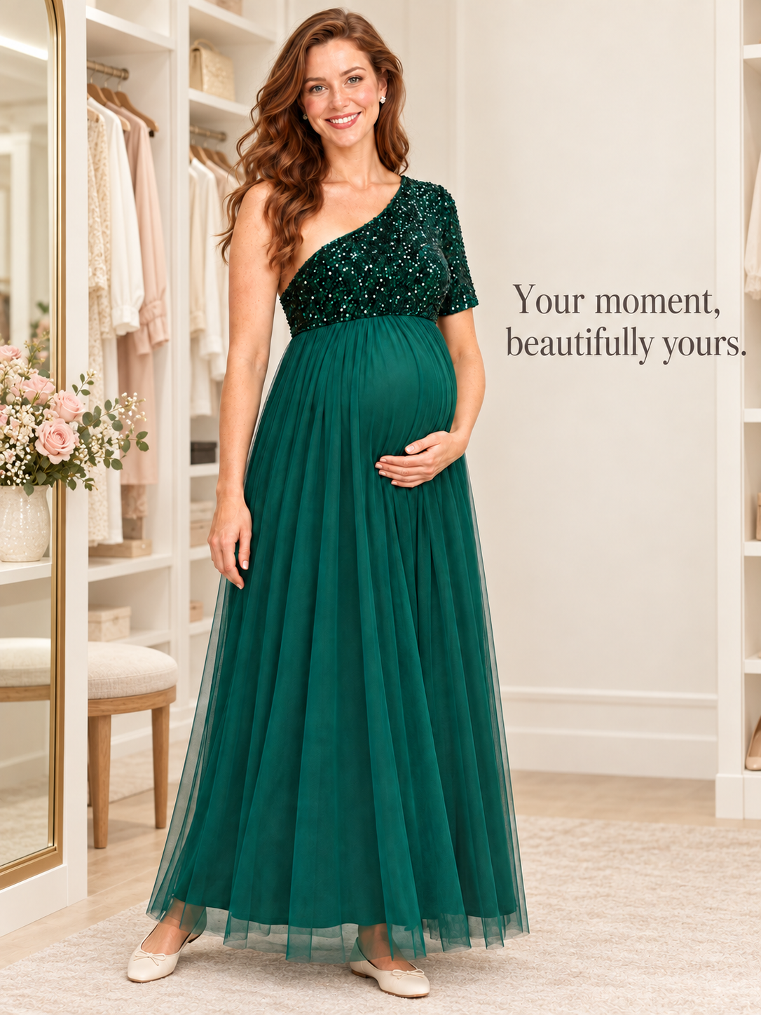 Rosalie Dark Green maternity dress — standing in a bright dressing room