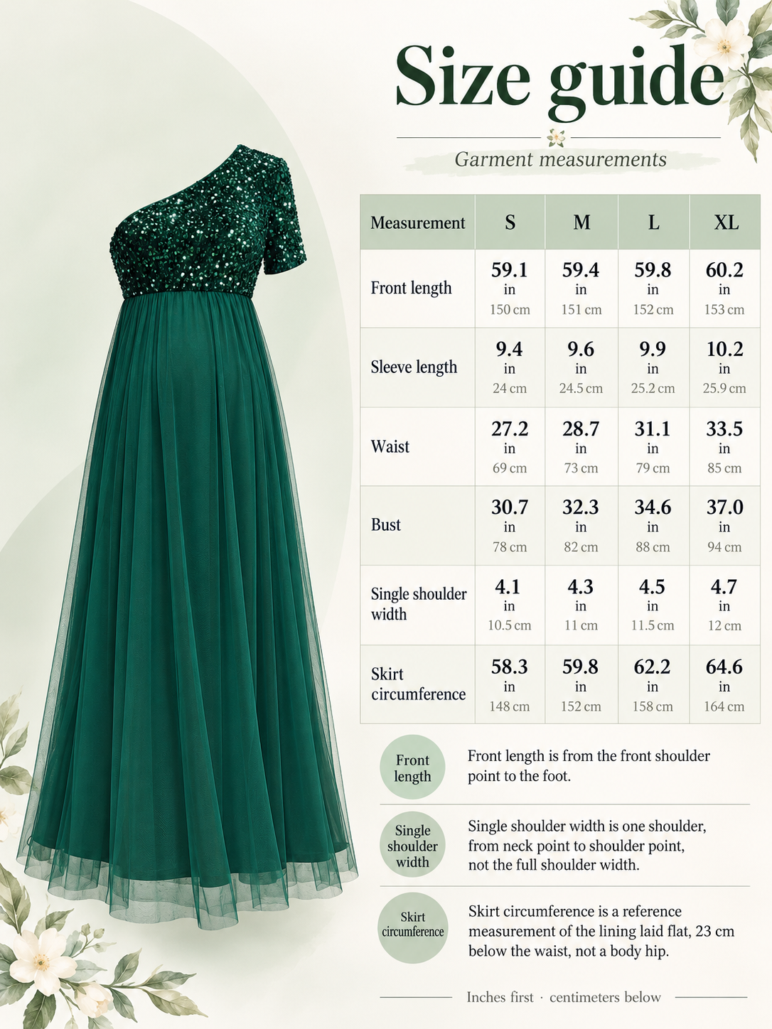 Rosalie Dark Green maternity dress — size guide with S to XL garment measurements in inches and centimeters