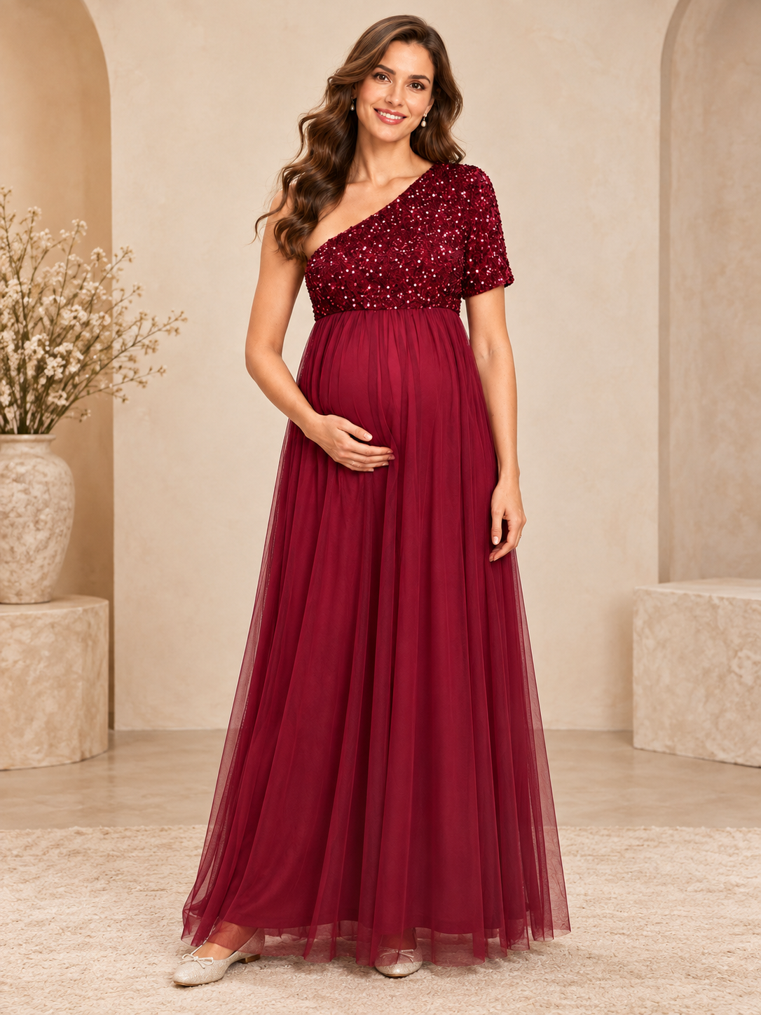 Rosalie Burgundy maternity dress — front view with one-shoulder sequin bodice and tulle maxi skirt