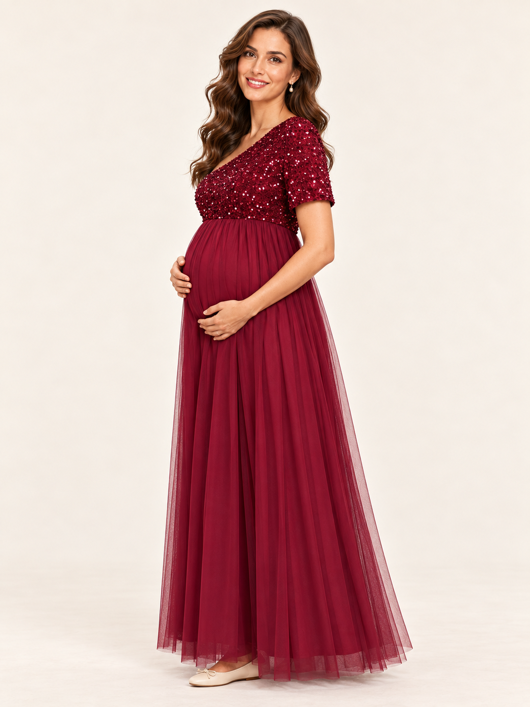 Rosalie Burgundy maternity dress — side view of the high waist and maternity silhouette