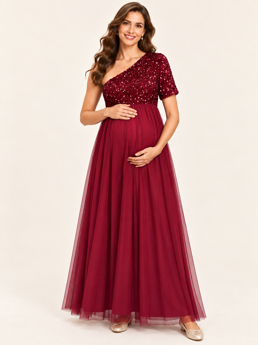 Rosalie Burgundy maternity dress — full front view of the gathered tulle skirt