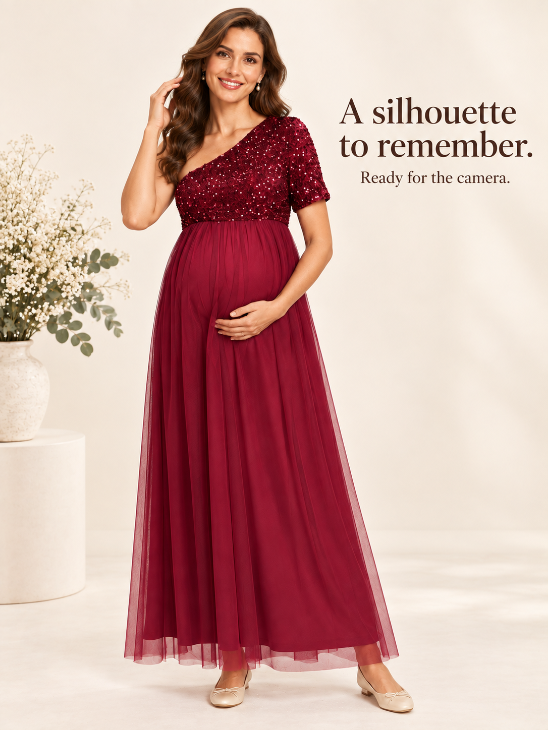 Rosalie Burgundy maternity dress — full silhouette in a soft studio portrait