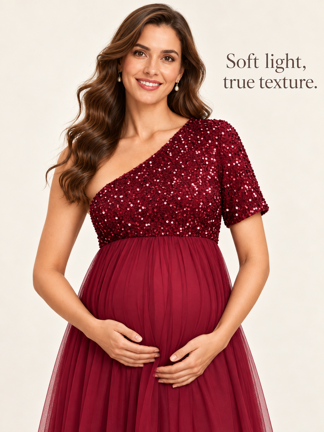 Rosalie Burgundy maternity dress — sequin bodice in soft natural light
