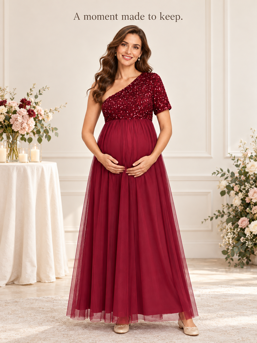 Rosalie Burgundy maternity dress — standing among flowers in a bright room