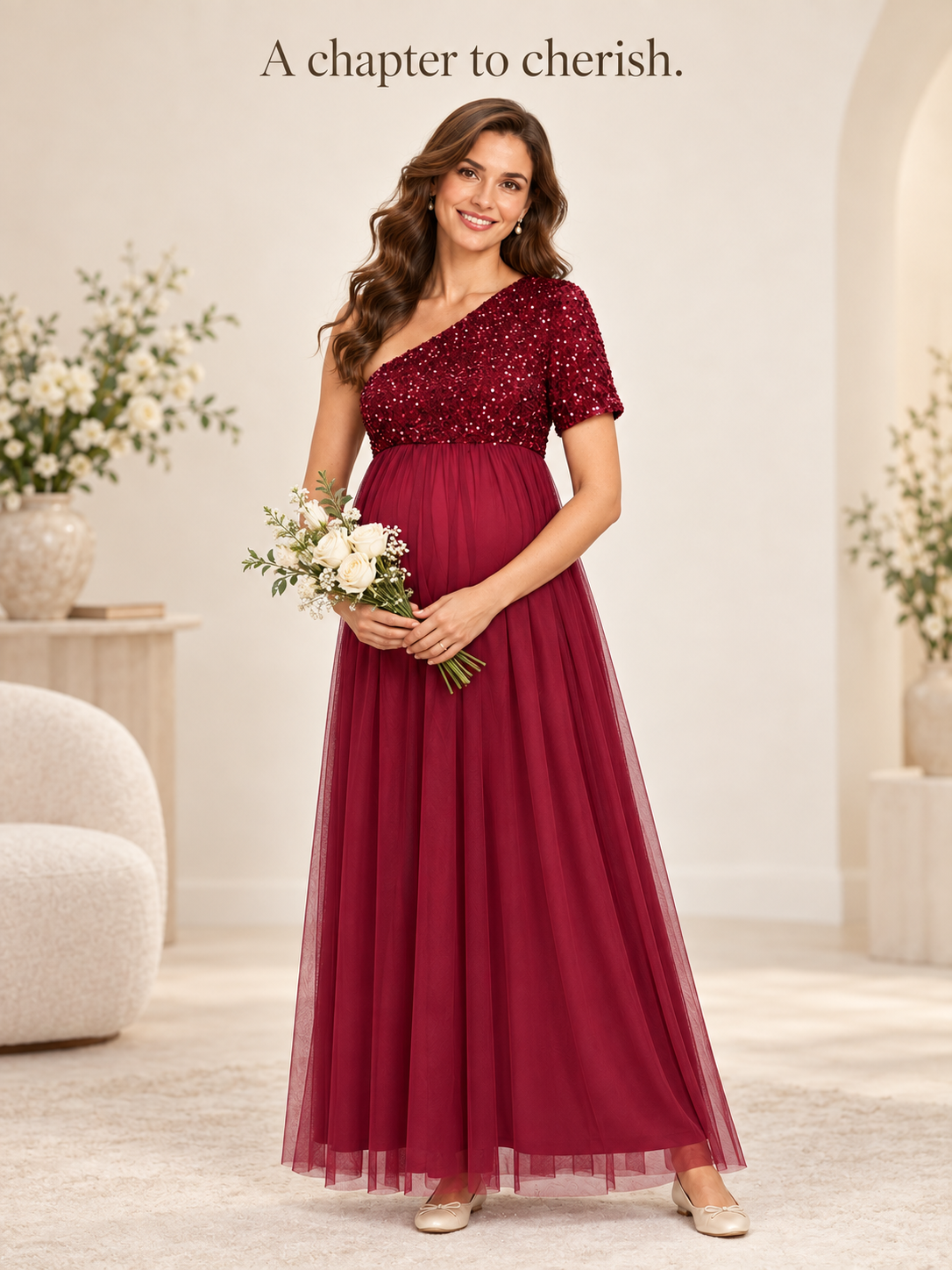 Rosalie Burgundy maternity dress — holding a bouquet of fresh flowers