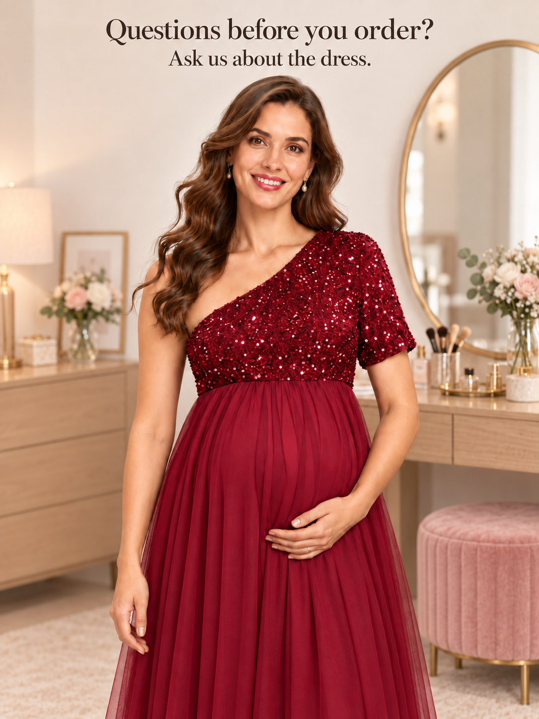 Rosalie Burgundy maternity dress — smiling beside a vanity mirror