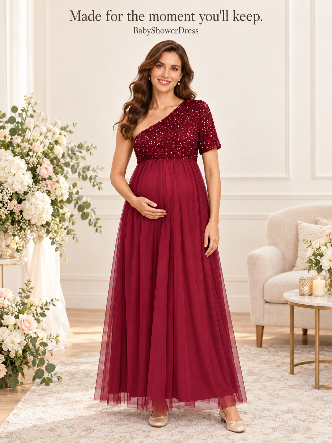 Rosalie Burgundy maternity dress — portrait in a room filled with flowers