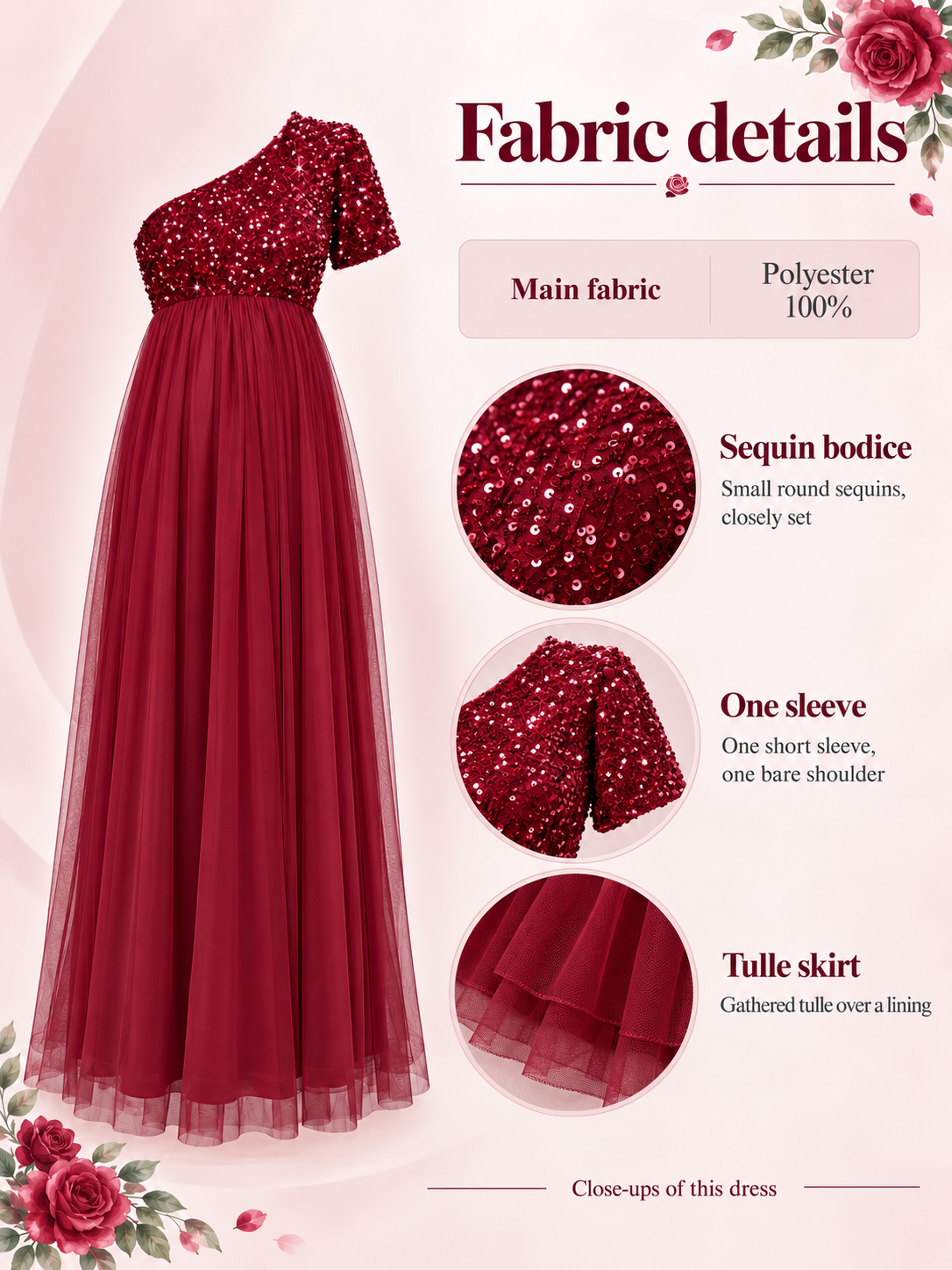Rosalie Burgundy maternity dress — material guide showing the sequin bodice, single sleeve and tulle skirt