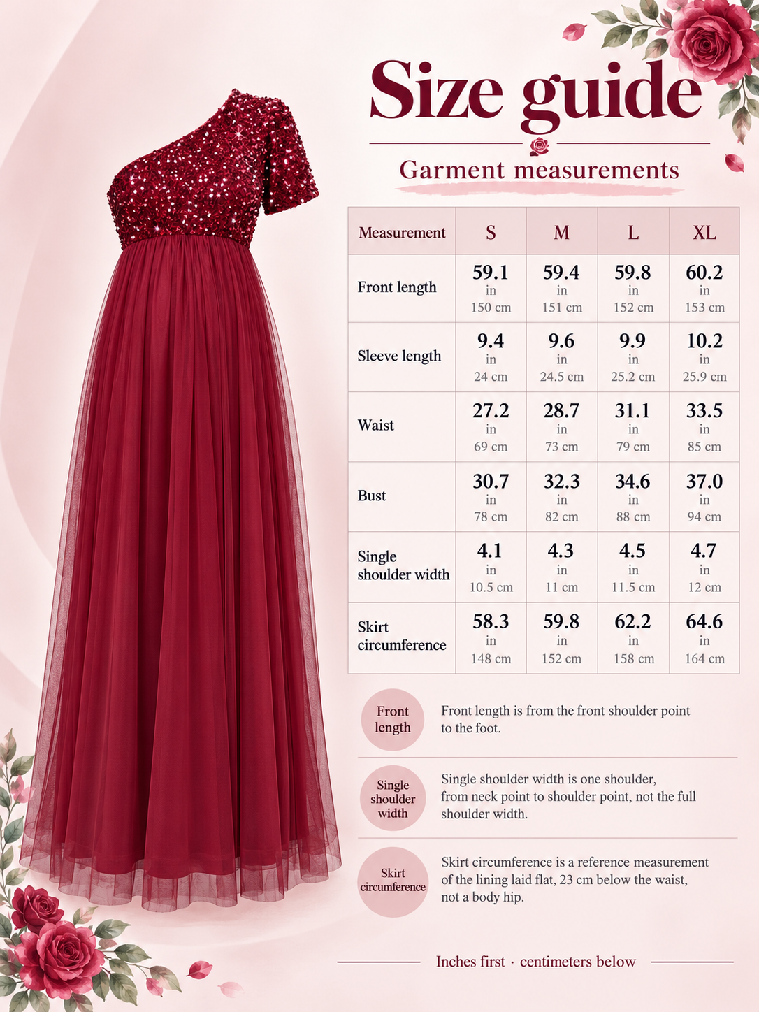 Rosalie Burgundy maternity dress — size guide with S to XL garment measurements in inches and centimeters