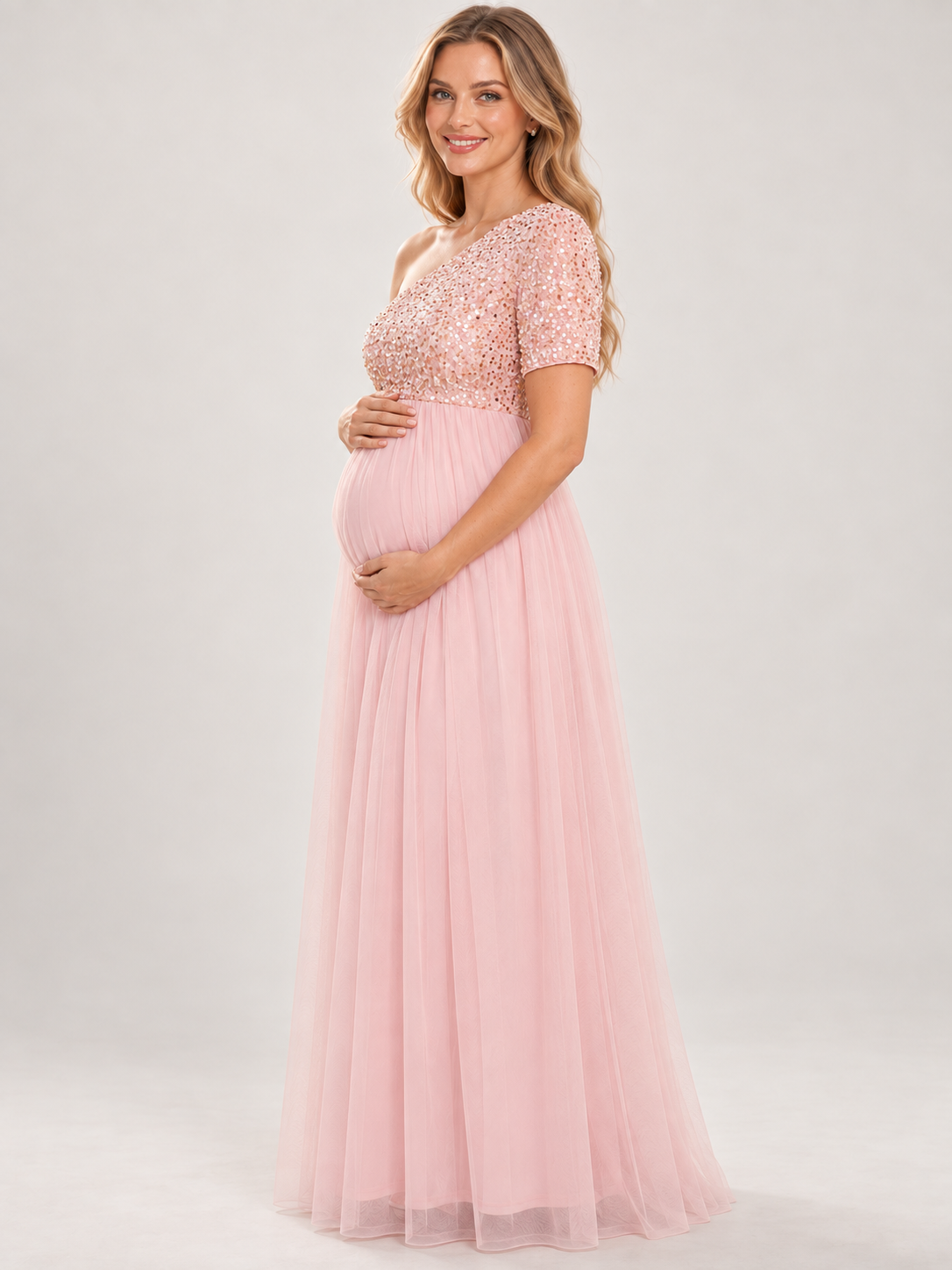Rosalie Pink maternity dress — side view of the maternity silhouette