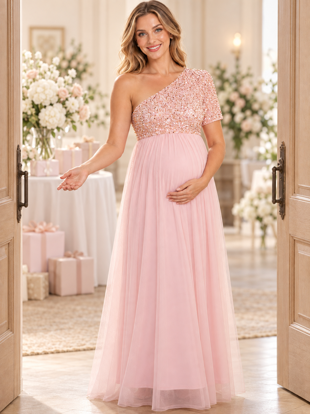 Rosalie Pink maternity dress — arriving for a celebration