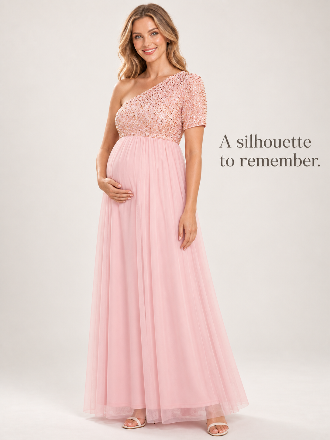 Rosalie Pink maternity dress — full silhouette in soft light