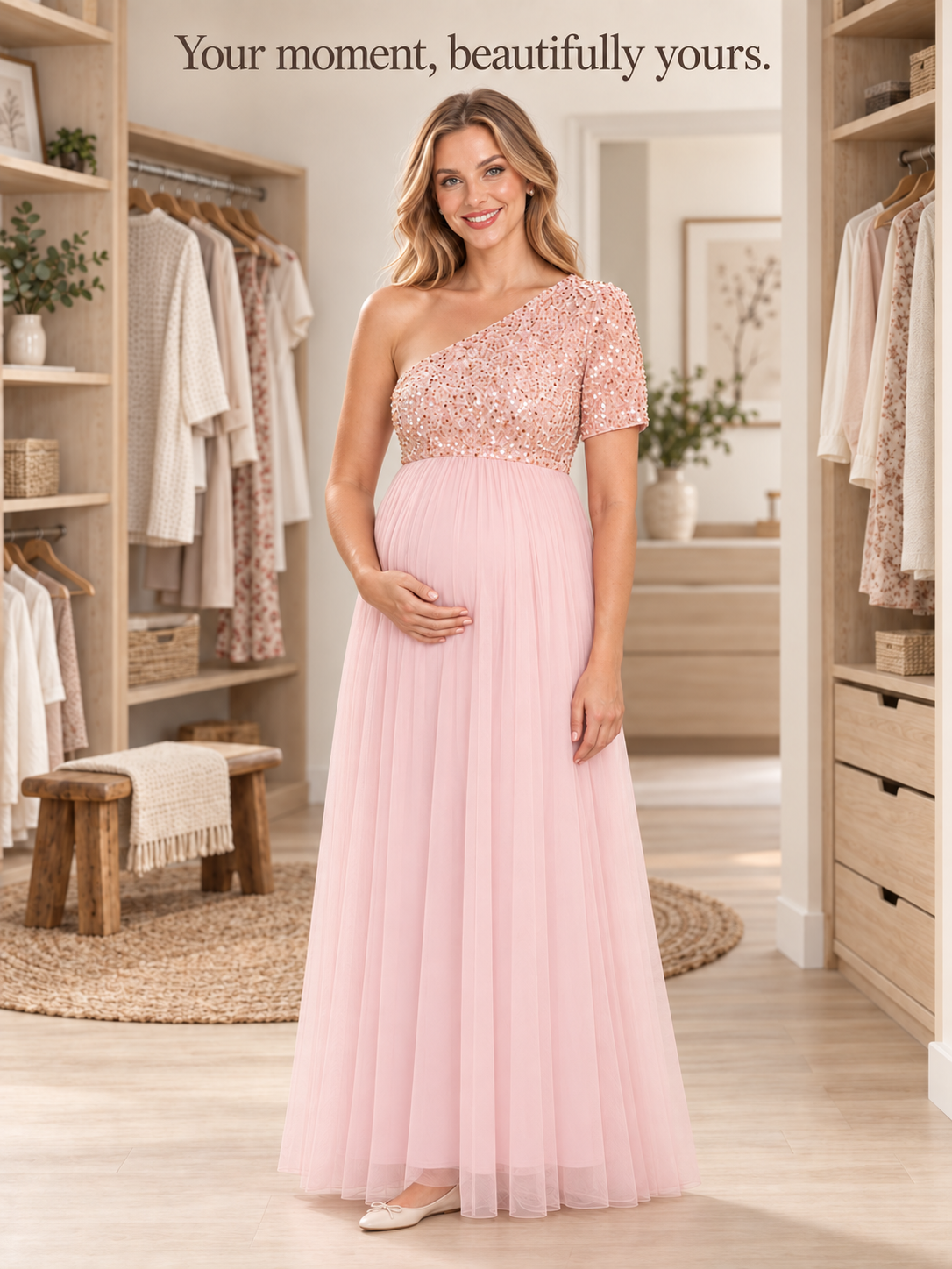 Rosalie Pink maternity dress — neckline, sleeve and skirt details