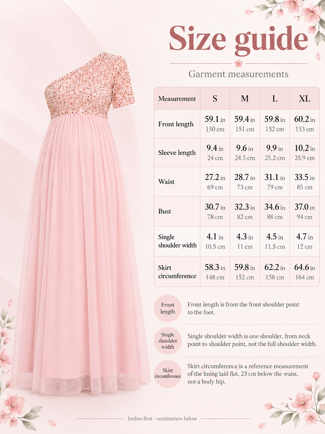Rosalie Pink maternity dress — size guide with S to XL garment measurements in inches and centimeters