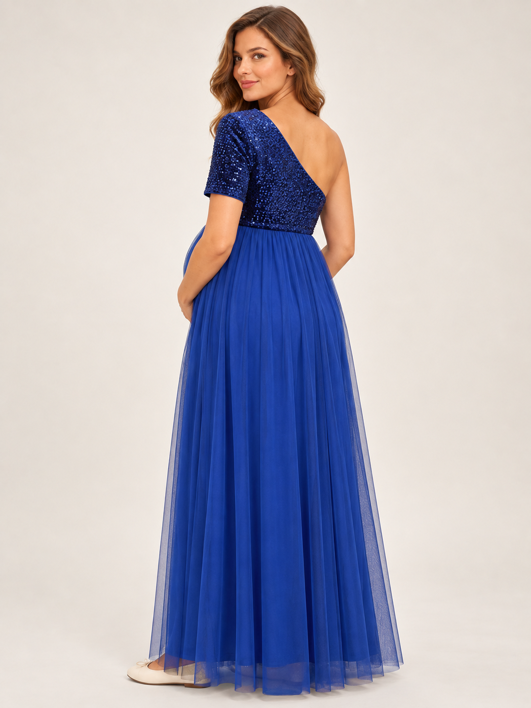 Rosalie Royal Blue maternity dress — back view over the shoulder showing the single short sleeve