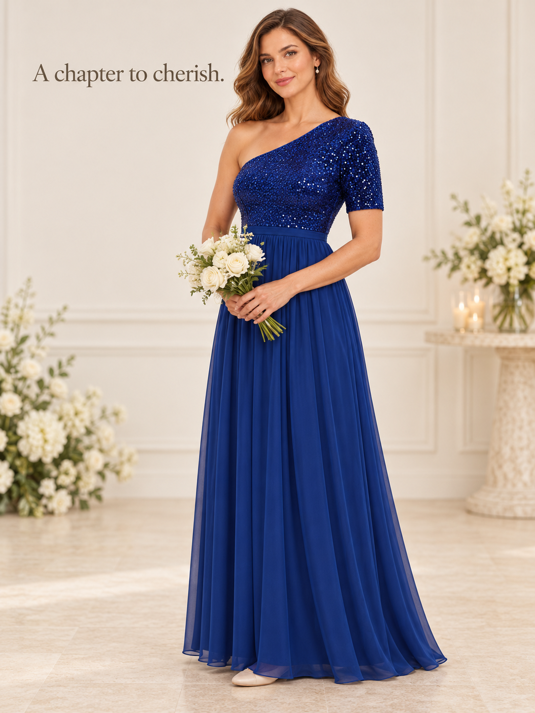Rosalie Royal Blue maternity dress — holding a bouquet of white roses in a bright room