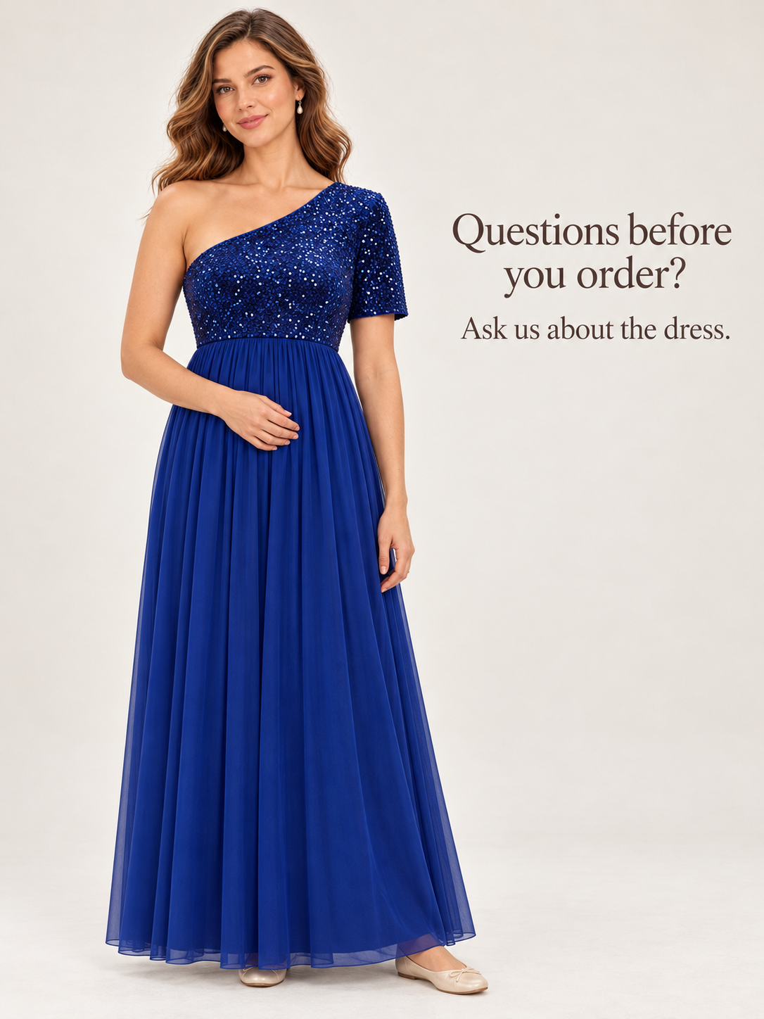Rosalie Royal Blue maternity dress — standing portrait with one hand resting at the waist