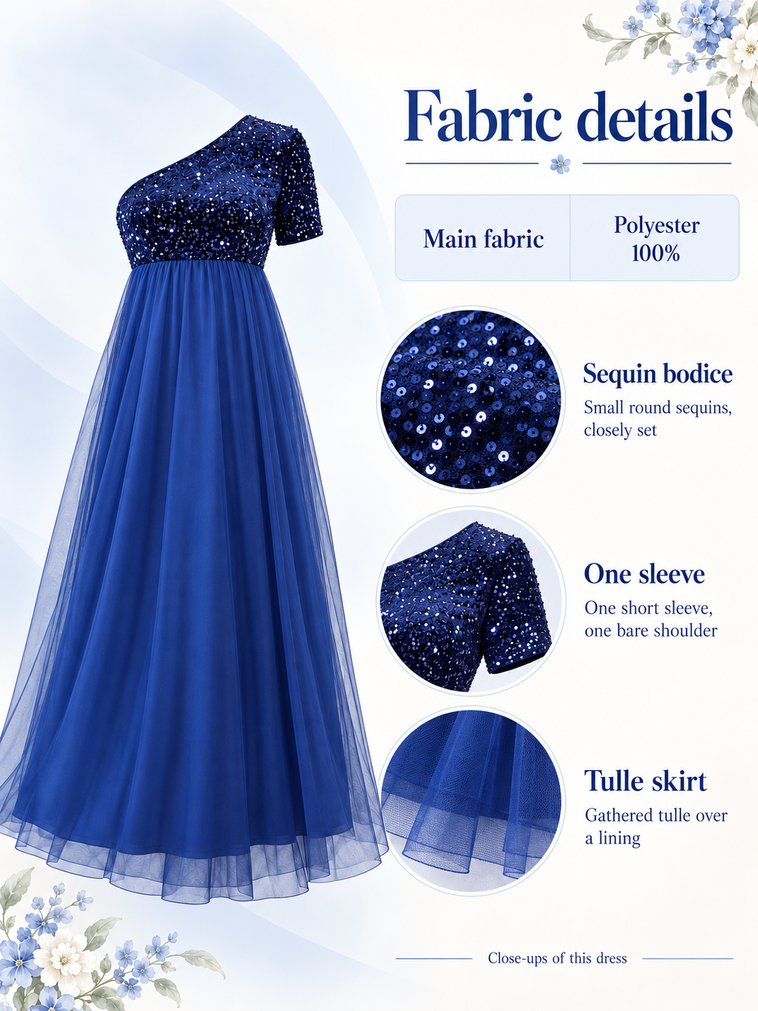 Rosalie Royal Blue maternity dress — material guide showing the sequin bodice, single sleeve and tulle skirt