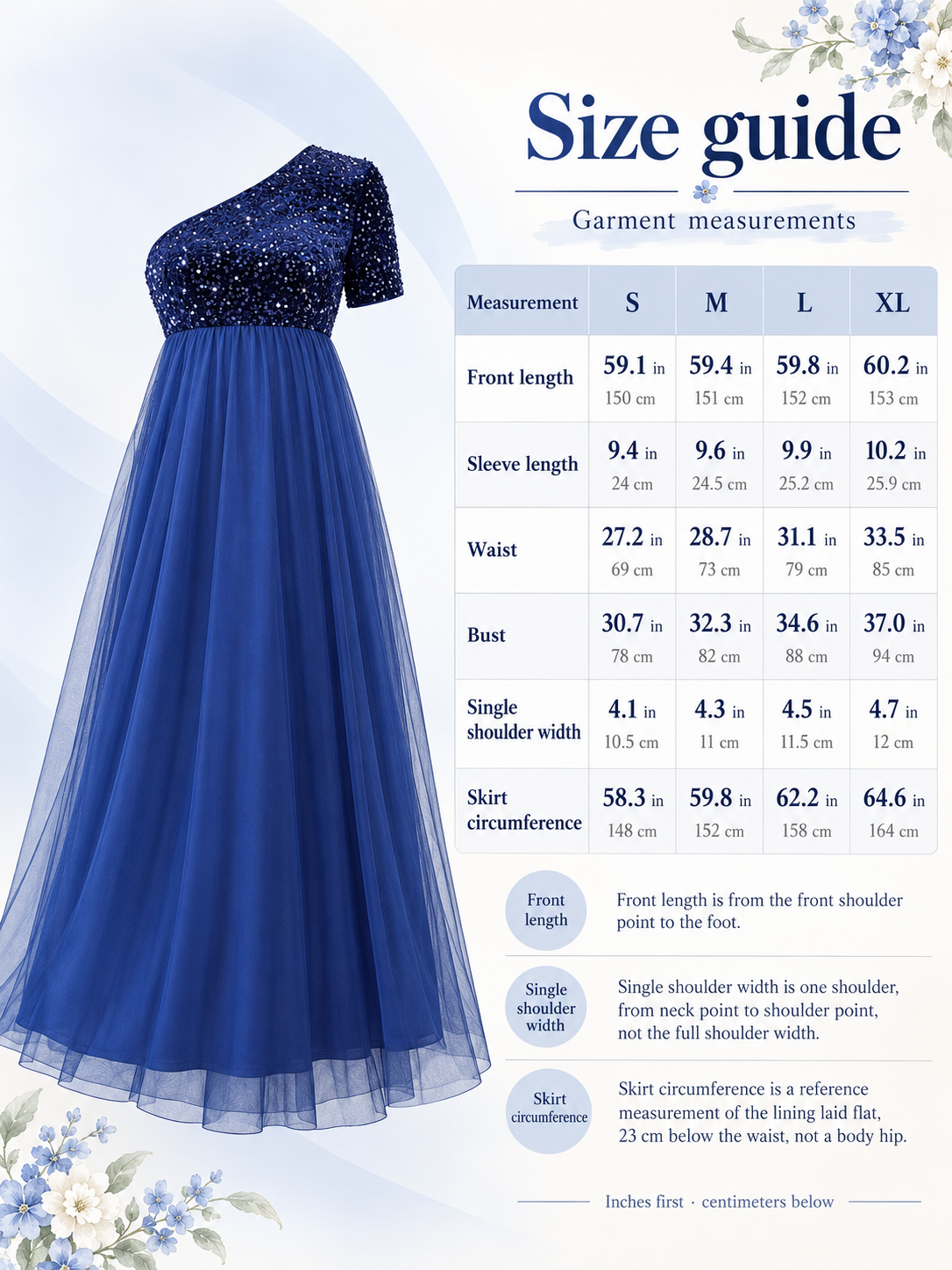 Rosalie Royal Blue maternity dress — size guide with S to XL garment measurements in inches and centimeters
